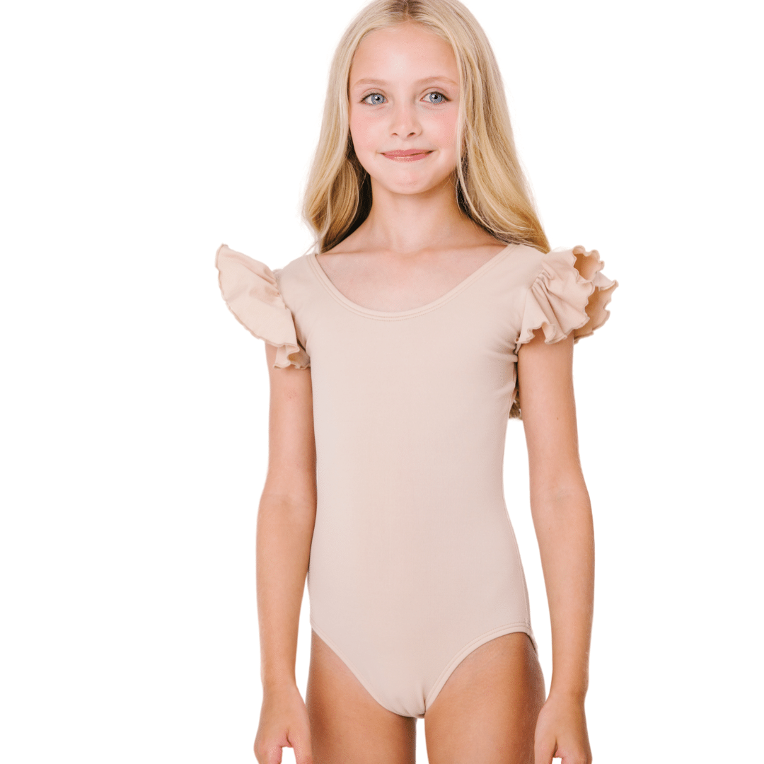 Nude/Beige Leotard with Flutter/Ruffle Short Sleeve for Toddler & Girls